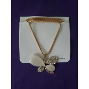 Butterfly Pendant Necklace Gold Tone, White Stones & Crystal Clear Rhinestones